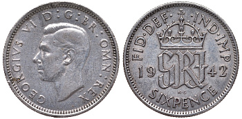Великобритания 6 пенсов 1942 Георг VI (1936-1952) KM 852, Spink 4084 серебро 4124-738