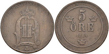 Швеция 5 эре 1884 Оскар II (1872-1907) король Швеции и Норвегии KM 736 бронза 4557-522