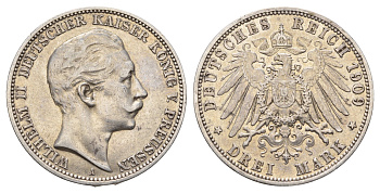 Пруссия 3 марки 1909 A, Вильгельм II (1888-1918) KM 527, J. 103 серебро 1529-1343