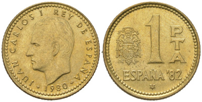 Испания 1 песета 1980 (81), Хуан Карлос I (1975-2014), чемпионат мира по футболу 1982 года в Испании KM 816 алюминиевая бронза UNC 4618-844