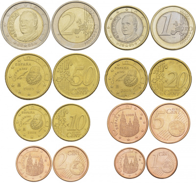 Испания полный евронабор из 8 монет 2005 1, 2, 5, 10, 20, 50 евроцентов, 1 и 2 евро KM 1040, 1041, 1042, 1070, 1071, 1072, 1073, 1074 4685-221-228