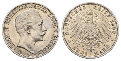 Пруссия 3 марки 1909 A, Вильгельм II (1888-1918) KM 527, J. 103 серебро 1529-1343