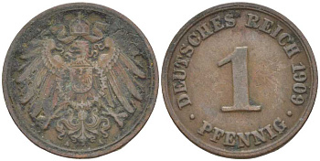 ГЕРМАНИЯ 1 ПФЕННИНГ 1909 А KM 10, J. 10 медь 201-932