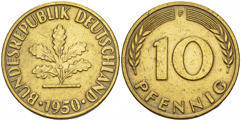 ФРГ 10 ПФЕННИГОВ 1950 F KM 108, J. 383 сталь плакированная латунью 4544-1125