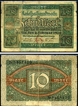 Германия 10 марок 1920 Pick 67 a бумага 8564-30-3-1