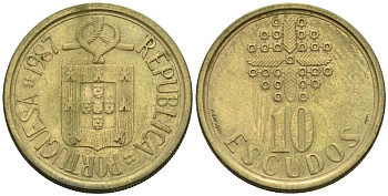 Португалия 10 эскудо 1987 KM 633 никель латунь 4148-515