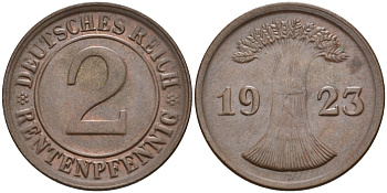 Германия 2 рентенпфеннига 1923 D KM 31, J.307, Weege 3 медь 4584-554