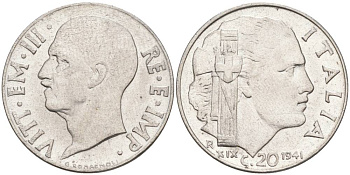 ИТАЛИЯ 20 ЧЕНТЕЗИМО 1941 R, ГОД XIX, ВИКТОР ЭММАНУИЛ III (1900-1946) KM 75b, VEM3. 1028 нержавеющая сталь 3853-714