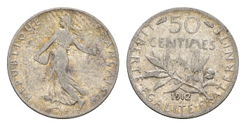 Франция 50 сантимов 1912 KM 854 серебро 4655-632