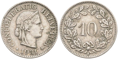 ШВЕЙЦАРИЯ 10 РАППЕНОВ 1931 В KM 27 медно-никель 3309-551