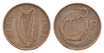 Ирландия 1 пенни 1971 мифологическая птица лира KM 20 бронза 4690-348