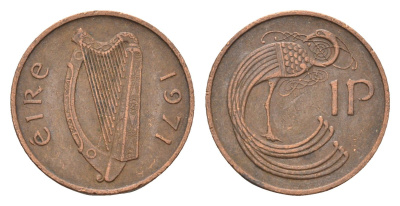 Ирландия 1 пенни 1971 мифологическая птица лира KM 20 бронза 4690-348
