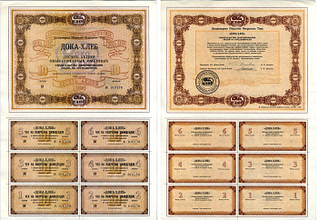 Акционерное общество открытого типа ДОКА-ХЛЕБ 10 акций обыкновенных именных стоимость 1000 рублей 1994 бумага aUNC 7552-19-1-2