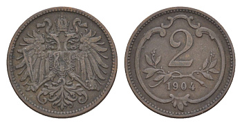 Австрия 2 геллера 1904 Франц Иосиф I (1848-1916) KM 2801 бронза 4632-633