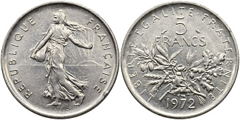 Франция 5 франков 1972 сеятель KM 926а.1, Le Franc 341.4 никель плакированный медно-никелем 4116-1136