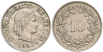 ШВЕЙЦАРИЯ 10 РАППЕНОВ 1944 В KM 27 медно-никель 201-1044