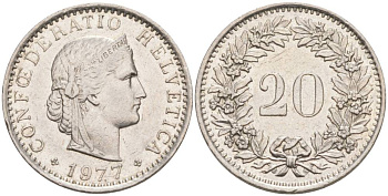 ШВЕЙЦАРИЯ 20 РАППЕНОВ 1977 KM 29a медно-никель 55-954