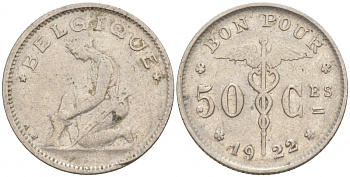 Бельгия 50 сантимов 1922 Belgique, Альберт I (1910-1934) KM 87 никель 214-613