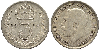 Великобритания 3 пенса 1916 Георг V (1910-1936) KM 813, Spink 4015 серебро 4528-446