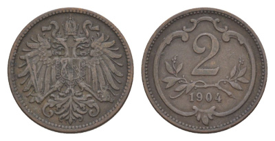 Австрия 2 геллера 1904 Франц Иосиф I (1848-1916) KM 2801 бронза 4632-633