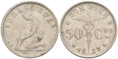 Бельгия 50 сантимов 1922 Belgique, Альберт I (1910-1934) KM 87 никель 214-613