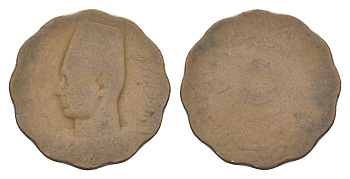 Египет 5 миллимов 1943 АН 1362, Фарук I KM 360 бронза 4620-745