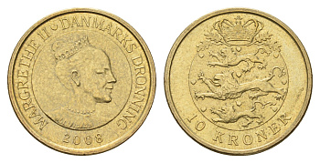 Дания 10 крон 2008 NR, Маргрете II (1972-2024) KM 896 алюминиевая бронза UNC 117-136