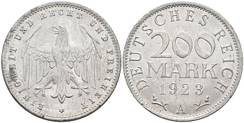 Германия 200 марок 1923 A KM 35, J. 304, Weege 22 алюминий UNC 4586-242