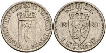 Норвегия 1 крона 1955 Хокон VII (1905-1957) KM 397 медно-никель    4601-1027