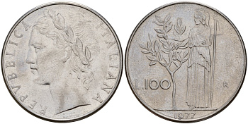 Италия 100 лир 1977 R, Афина у оливкого дерева KM 96.1 нержавеющая сталь 32-1111