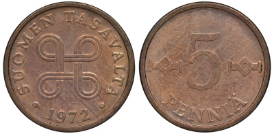 ФИНЛЯНДИЯ 5 ПЕННИ 1972 KM 45 медь 3334-1055