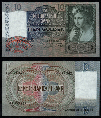 Нидерланды 10 гульденов 1942 "Прекрасная пастушка" (Паулюс Морельс) Pick 56 b бумага 451-473-1