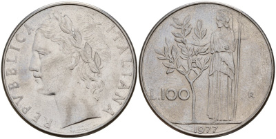 Италия 100 лир 1977 R, Афина у оливкого дерева KM 96.1 нержавеющая сталь 32-1111