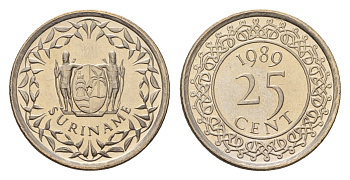 Суринам 25 центов 1989 KM 14a медно-никель UNC 4685-716