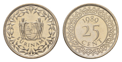 Суринам 25 центов 1989 KM 14a медно-никель UNC 4685-716