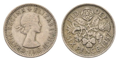 Великобритания 6 пенсов 1957 Елизавета II (1952-2022) KM 903 медно-никель 4697-962