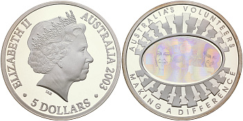 Австралия 5 долларов 2003 волонтеры Австралии, голограмма KM 1017 серебро PROOF 1066-8-12