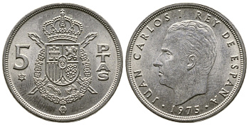 Испания 5 песет 1975 (77) Хуан Карлос I (1975-2014) KM 807 медно-никель 4610-217