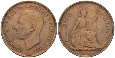 Великобритания 1 пенни 1948 Георг VI (1936-1952) KM 845, Spink 4114 бронза 4112-744