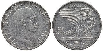 ИТАЛИЯ 50 ЧЕНТЕЗИМО 1939 R, XVII ГОД, НЕ МАГНИТНАЯ KM 76а сталь 62-713