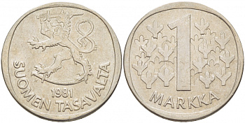ФИНЛЯНДИЯ 1 МАРКА 1981 K KM 49а медно-никель UNC 3718-934