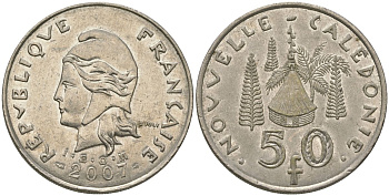 Французская Новая Каледония 50 франков 2007 хижина среди сосен и пальм, (IEOM) KM 13a, Schoen 15a, Lec 128i медно-никель 114-211