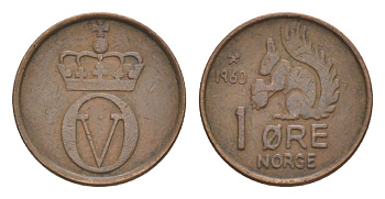 Норвегия 1 эре 1960 Улаф V (1957-1991) KM 403 бронза 4632-1112