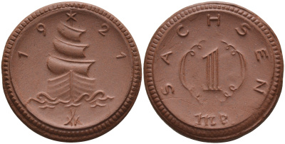 Саксония 1 марка 1921 парусник J. N 55 фарфор 1094-4-45