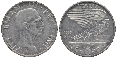 ИТАЛИЯ 50 ЧЕНТЕЗИМО 1939 R, XVII ГОД, НЕ МАГНИТНАЯ KM 76а сталь 62-713