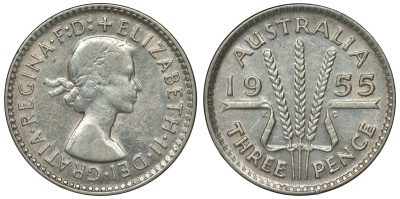 Австралия 3 пенса 1955 m, Елизавета II (1952-2022) KM 57 серебро 71-429