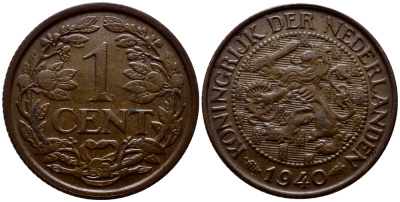 НИДЕРЛАНДЫ 1 ЦЕНТ 1940 ВИЛЬГЕЛЬМИНА (1890-1948) KM 152 бронза 46-215