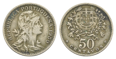 Португалия 50 сентаво 1959 голова Свободы вправо KM 577 никель латунь 4388-251
