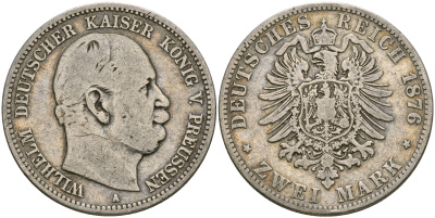 Пруссия 2 марки 1876 A, Вильгельм I (1861-1888) Weege 96, J. 96, KM 506 серебро 06-256-41