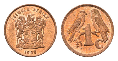ЮАР 1 цент 1998 герб, капские воробьи KM 170 сталь плакированная медью UNC 4694-235